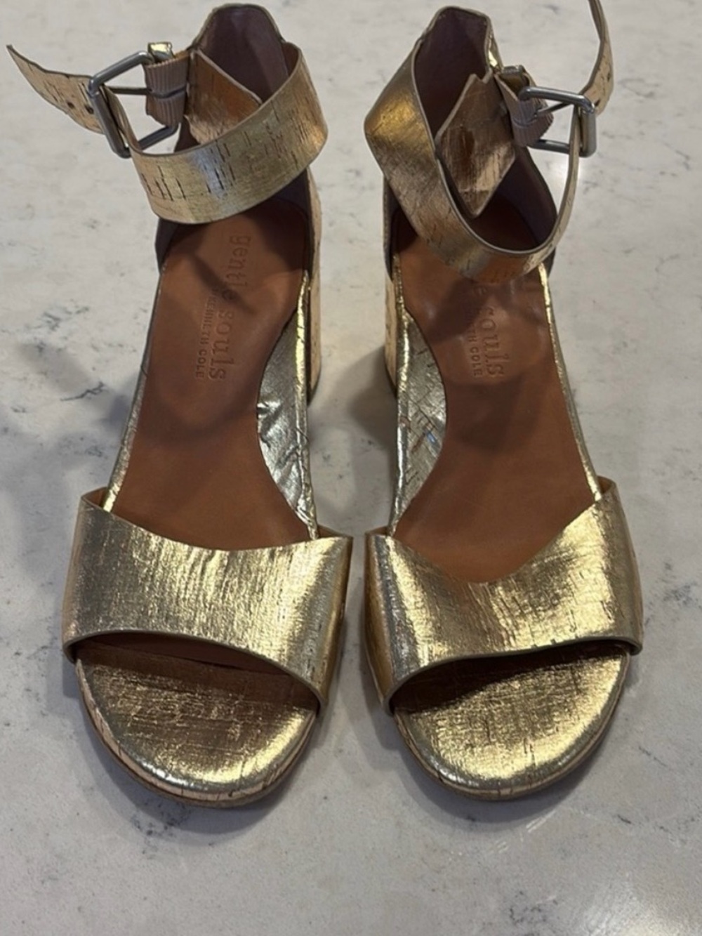 gentle souls Metallic Gold Ankle-Strap Block Heel Sandals